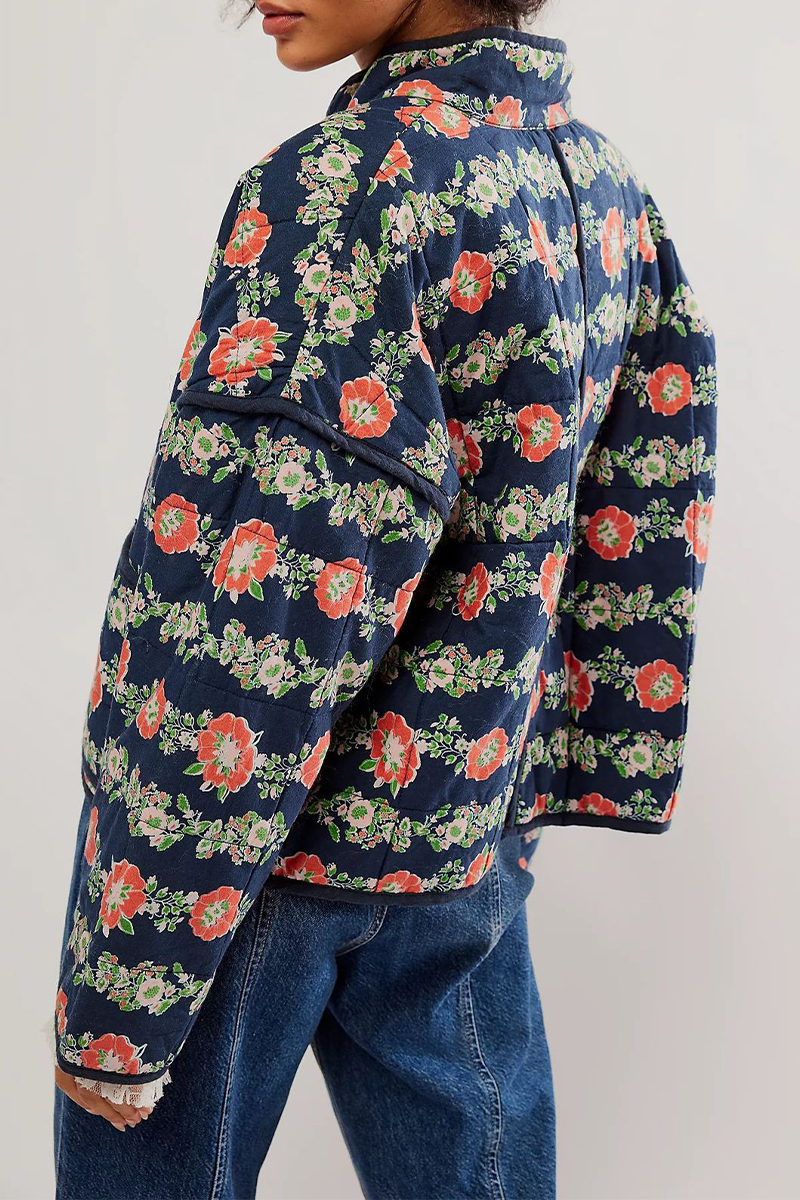 Prendas de abrigo informales con cuello mandarín, patchwork y bolsillos con flores en contraste (12 colores)
