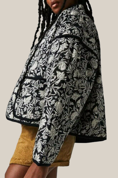 Prendas de abrigo informales con cuello mandarín, patchwork y bolsillos con flores en contraste (12 colores)