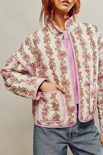 Prendas de abrigo informales con cuello mandarín, patchwork y bolsillos con flores en contraste (12 colores)