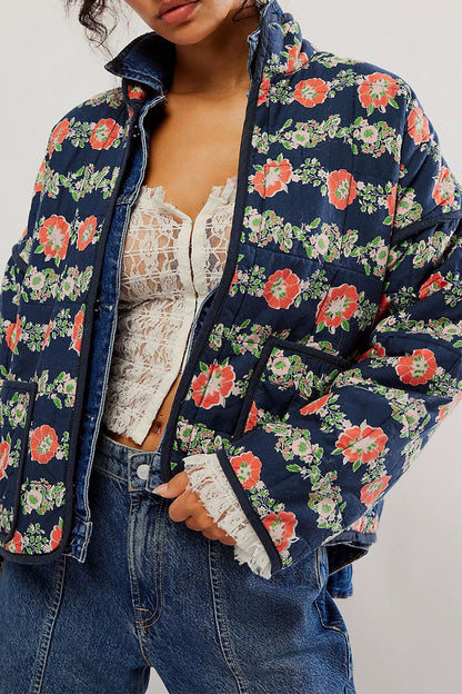 Prendas de abrigo informales con cuello mandarín, patchwork y bolsillos con flores en contraste (12 colores)