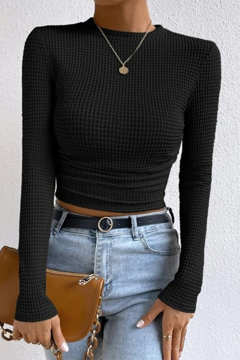 Blusa informal de cuello redondo fruncida a cuadros para uso diario (3 colores)