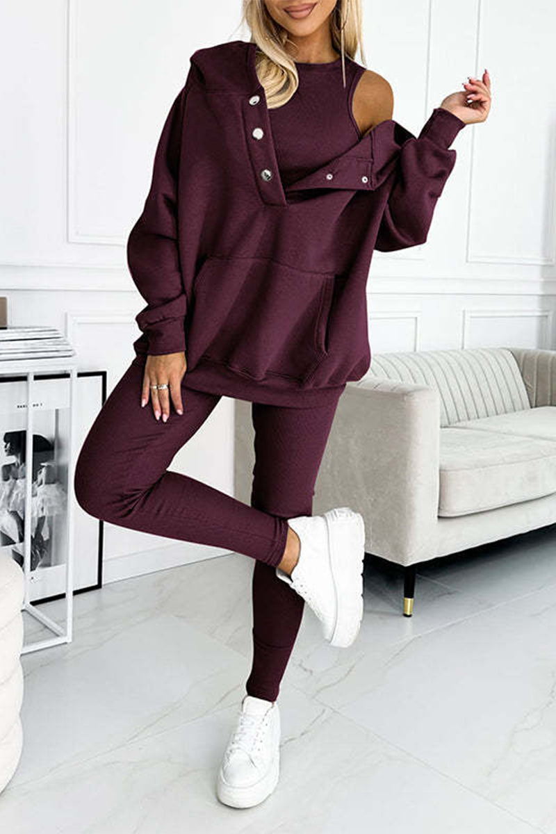 Conjunto informal de tres piezas con capucha y manga larga con botones (10 colores)