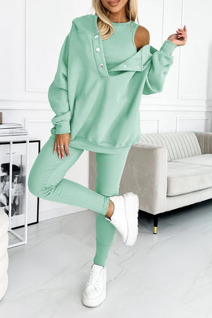 Conjunto informal de tres piezas con capucha y manga larga con botones (10 colores)