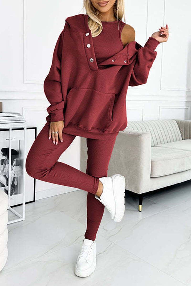 Conjunto informal de tres piezas con capucha y manga larga con botones (10 colores)