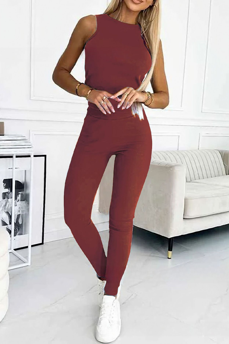 Conjunto informal de dos piezas sin mangas con cuello redondo y color sólido (10 colores)