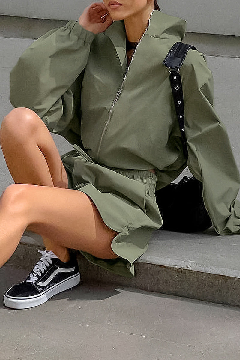 Conjunto informal de dos piezas con cuello vuelto, manga larga y cordones con cremallera para la calle