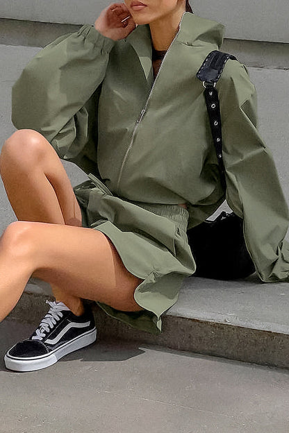 Conjunto informal de dos piezas con cuello vuelto, manga larga y cordones con cremallera para la calle
