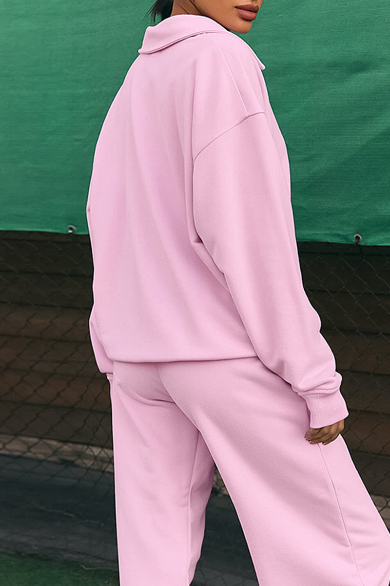 Conjunto informal de dos piezas con cuello vuelto, manga larga, bolsillos, botones y color liso para calle