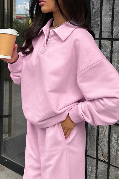 Conjunto informal de dos piezas con cuello vuelto, manga larga, bolsillos, botones y color liso para calle
