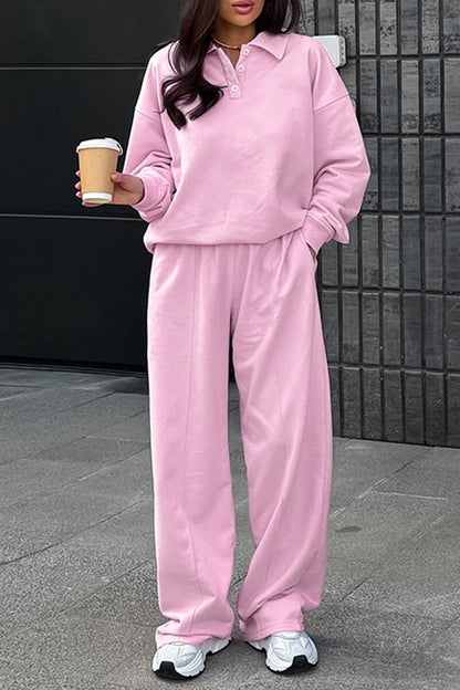 Conjunto informal de dos piezas con cuello vuelto, manga larga, bolsillos, botones y color liso para calle