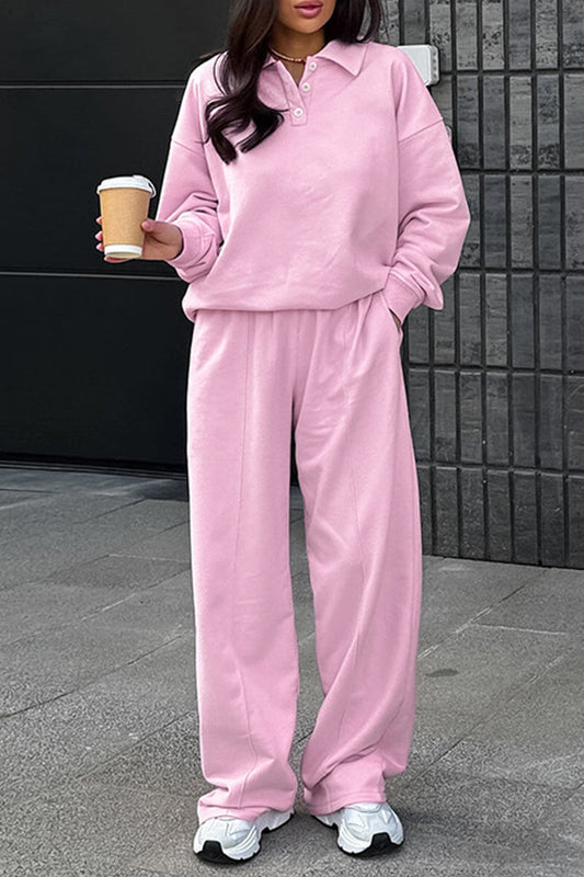 Conjunto informal de dos piezas con cuello vuelto, manga larga, bolsillos, botones y color liso para calle