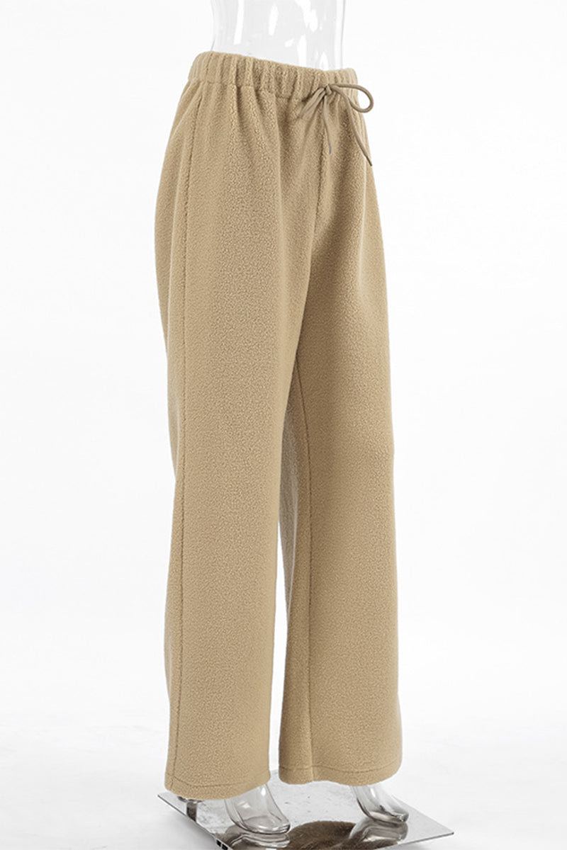 Casual Street Pocket Lace Up Fluffy Loose High Waist Wide Leg Bottoms