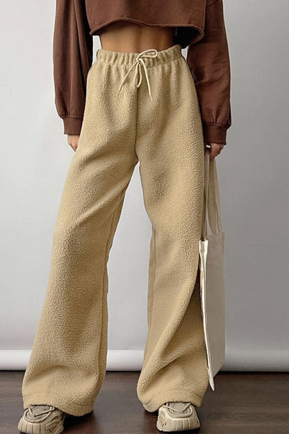 Casual Street Solid Color Pocket Lace Up Fluffy Loose High Waist Wide Leg Solid Color Bottoms