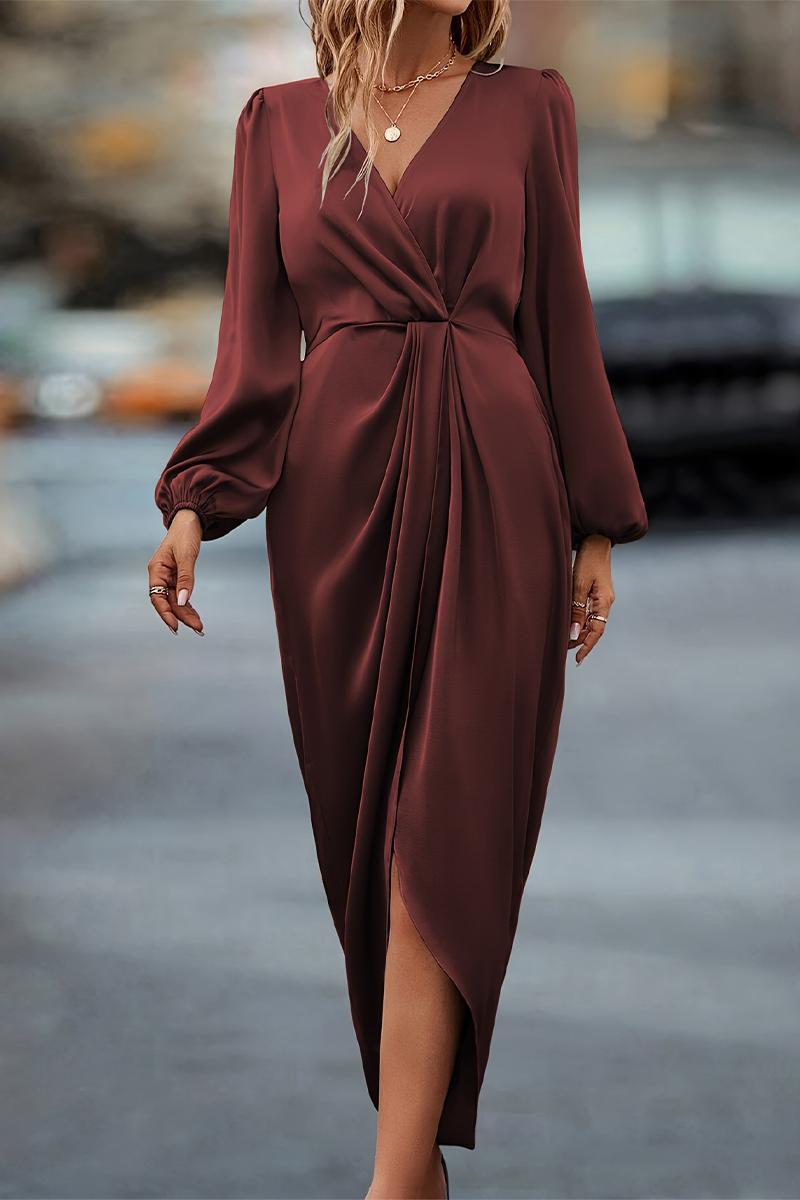 Vestidos casuales elegantes con escote en V fruncido y falda de un solo paso (3 colores)