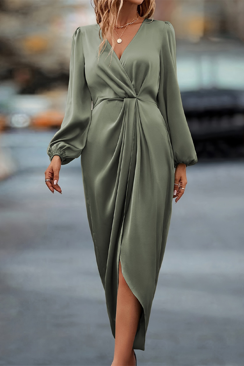 Vestidos casuales elegantes con escote en V fruncido y falda de un solo paso (3 colores)