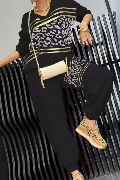 Conjunto informal de dos piezas con estampado de leopardo, cuello en V y manga larga (5 colores)