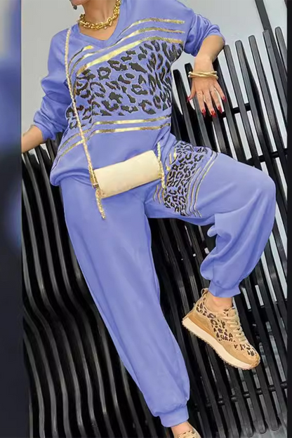 Conjunto informal de dos piezas con estampado de leopardo, cuello en V y manga larga (5 colores)