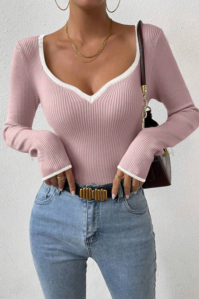 Tops casuales de cuello en V con contraste de colores sólidos para uso diario (5 colores)