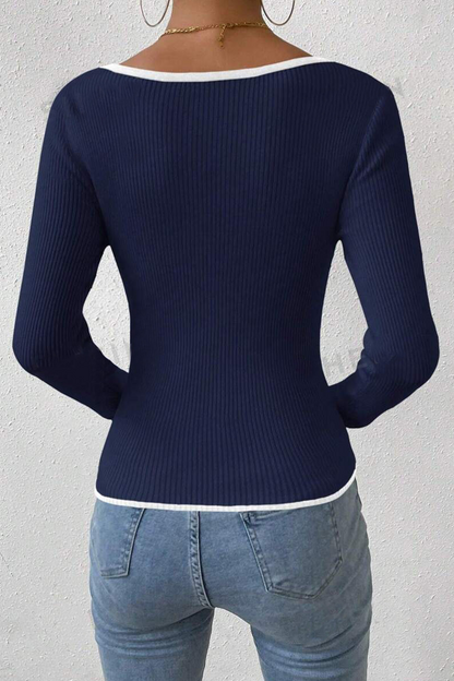 Tops casuales de cuello en V con contraste de colores sólidos para uso diario (5 colores)