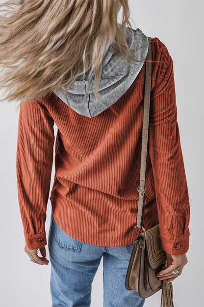 Casual Daily Draw String Buttons Patchwork Contrast Hooded Tops(8 Colors)