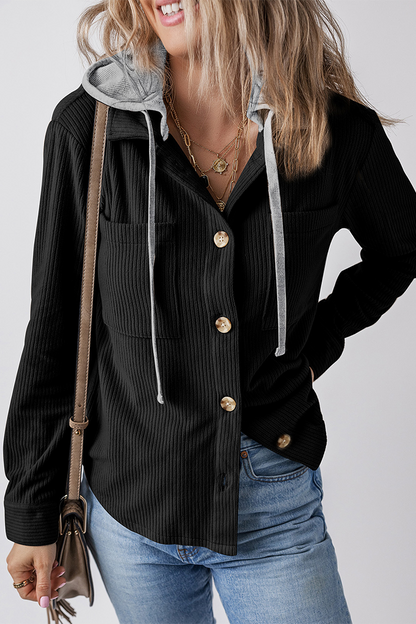 Casual Daily Draw String Buttons Patchwork Contrast Hooded Tops(8 Colors)