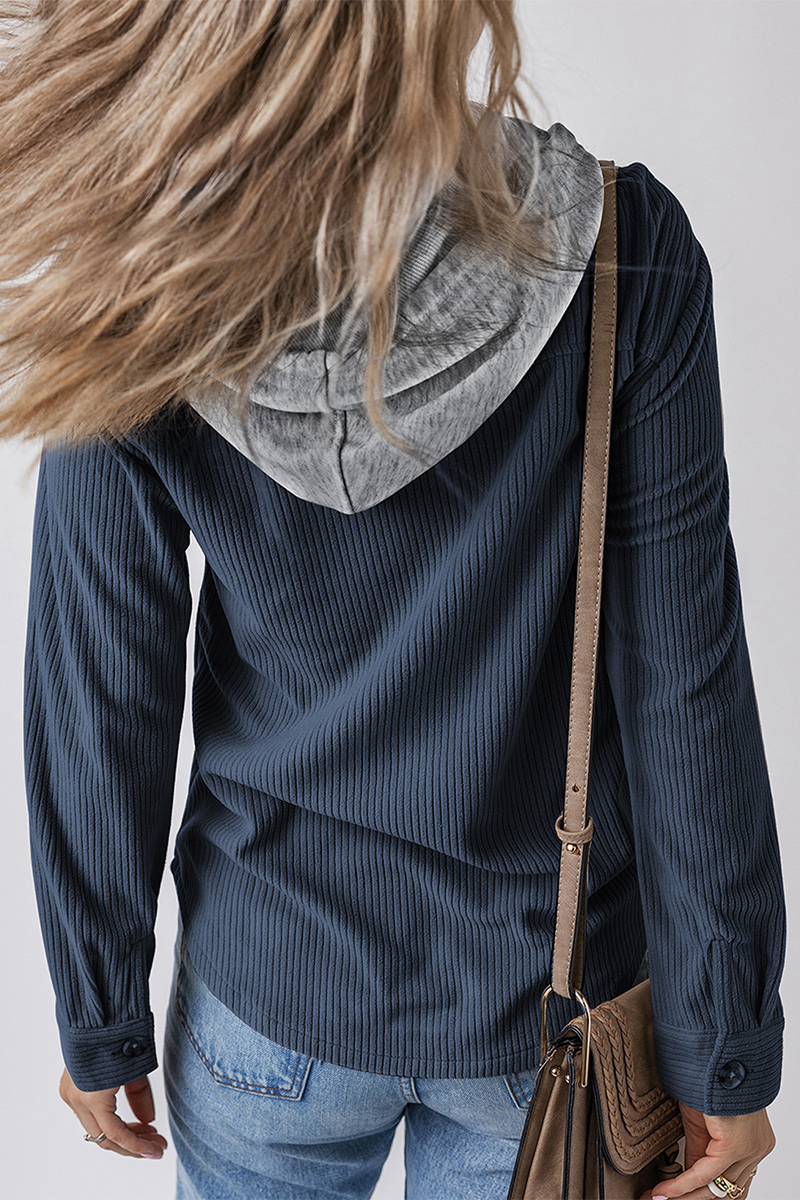 Casual Daily Draw String Buttons Patchwork Contrast Hooded Tops(8 Colors)