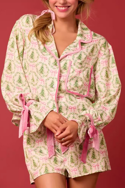Conjunto informal de dos piezas con diseño de Papá Noel y árbol de Navidad, con cordones, cuello vuelto en contraste, manga larga (4 colores)