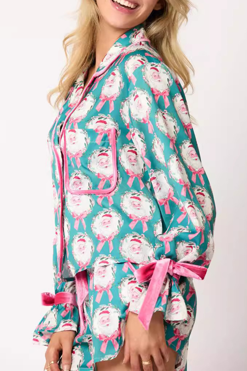 Conjunto informal de dos piezas con diseño de Papá Noel y árbol de Navidad, con cordones, cuello vuelto en contraste, manga larga (4 colores)