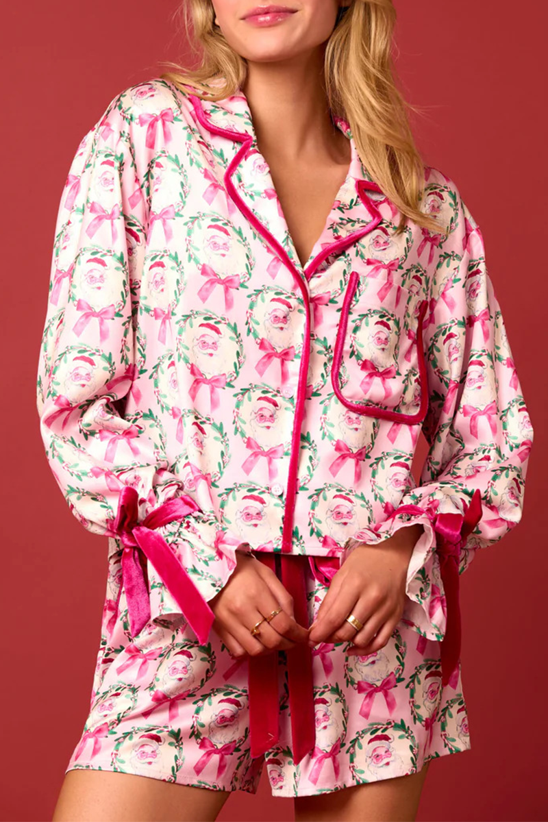 Conjunto informal de dos piezas con diseño de Papá Noel y árbol de Navidad, con cordones, cuello vuelto en contraste, manga larga (4 colores)