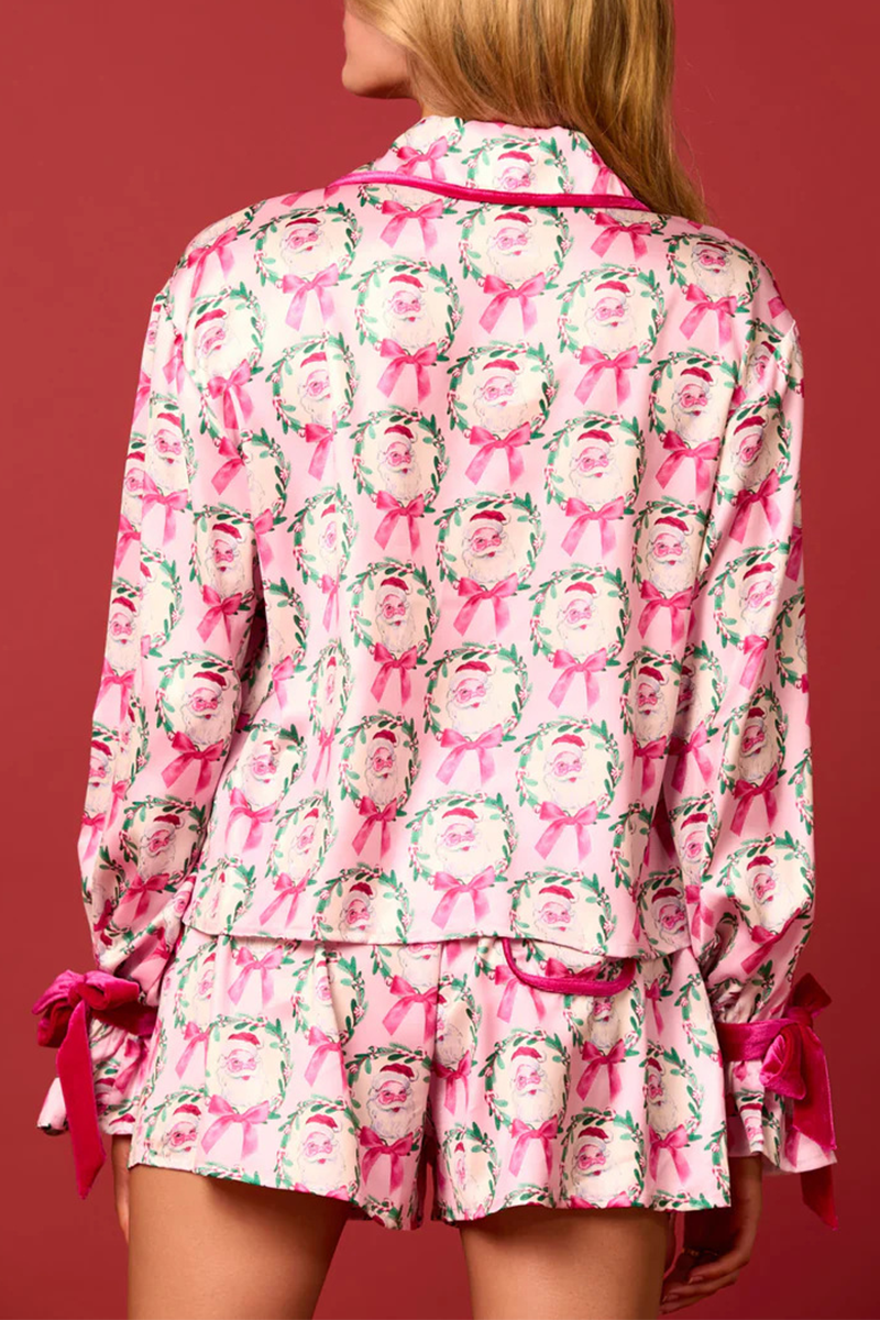 Conjunto informal de dos piezas con diseño de Papá Noel y árbol de Navidad, con cordones, cuello vuelto en contraste, manga larga (4 colores)