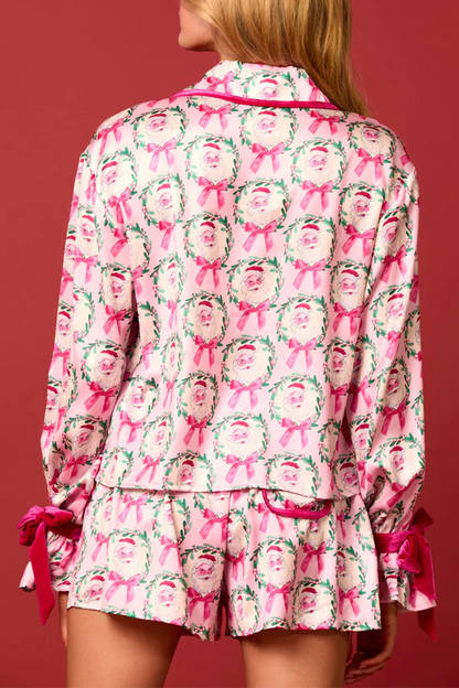 Conjunto informal de dos piezas con diseño de Papá Noel y árbol de Navidad, con cordones, cuello vuelto en contraste, manga larga (4 colores)