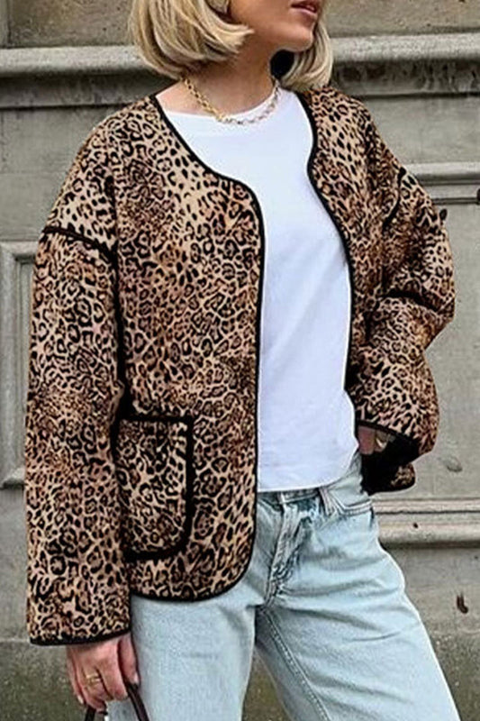 Casual Street Leopard Pocket Patchwork O Neck Outerwear(3 Colors)