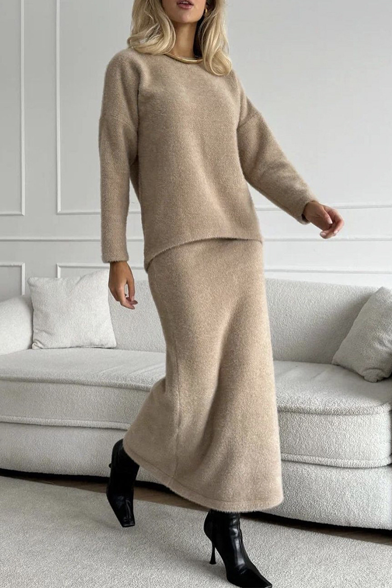 Conjunto elegante de dos piezas con cuello redondo y manga larga para uso diario (5 colores)