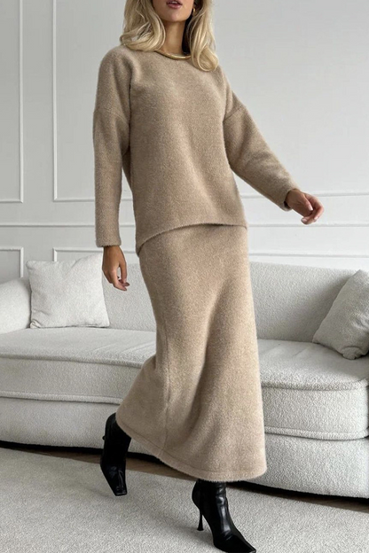 Conjunto elegante de dos piezas con cuello redondo y manga larga para uso diario (5 colores)
