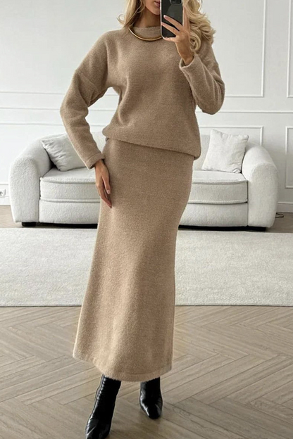 Conjunto elegante de dos piezas con cuello redondo y manga larga para uso diario (5 colores)