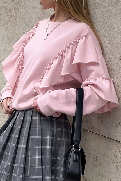 Sudadera informal con cuello redondo y volantes de color liso