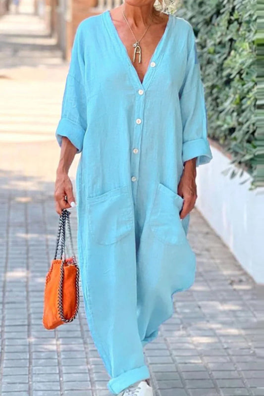 Monos casuales de color sólido con bolsillos, botones y cuello en V