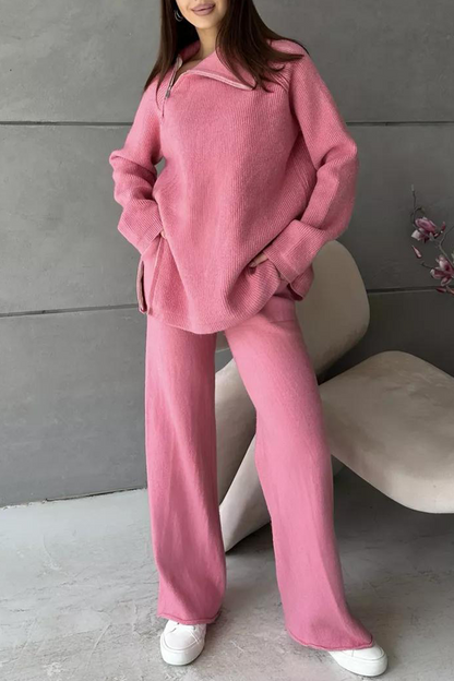 Conjunto informal de dos piezas con cuello con cremallera y manga larga para uso diario (6 colores)