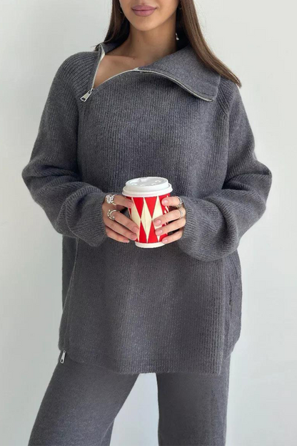 Conjunto informal de dos piezas con cuello con cremallera y manga larga para uso diario (6 colores)