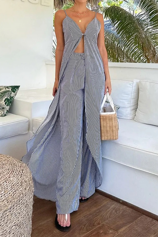 Conjunto de dos piezas sin mangas con escote en V y abertura con rayas y patchwork para vacaciones sexy