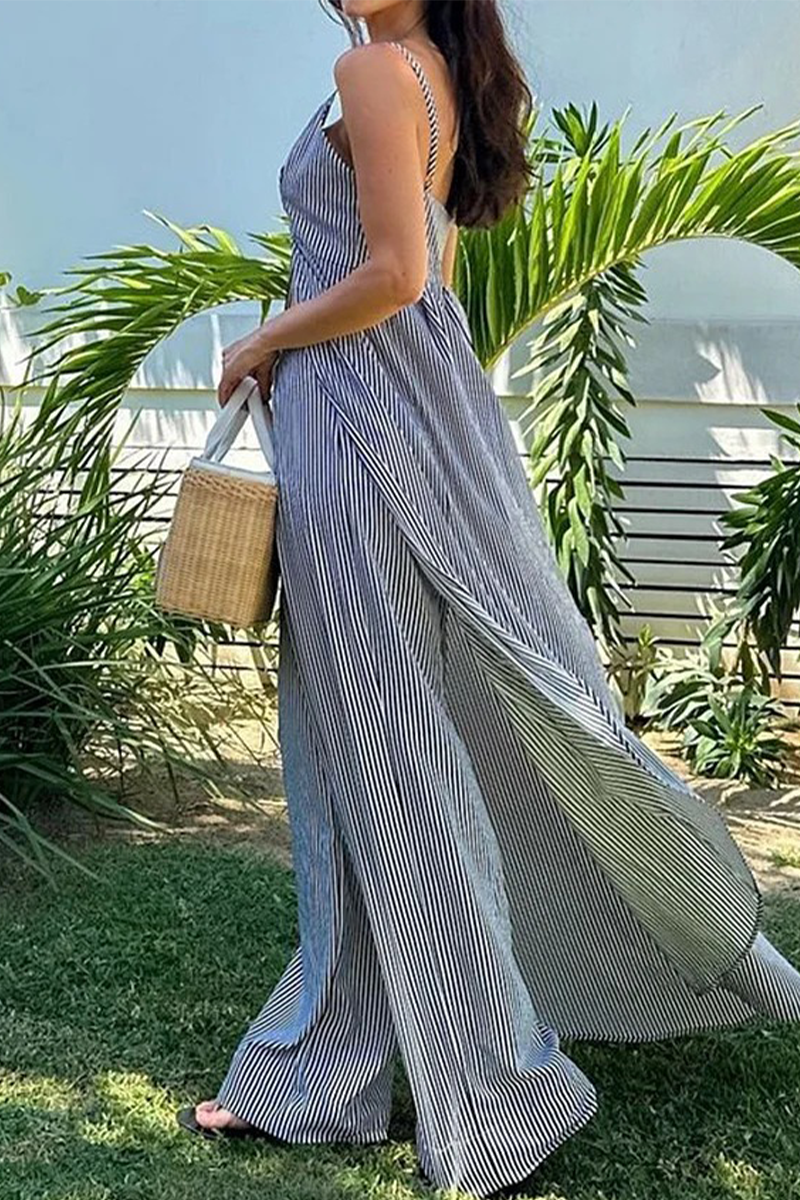Conjunto de dos piezas sin mangas con escote en V y abertura con rayas y patchwork para vacaciones sexy