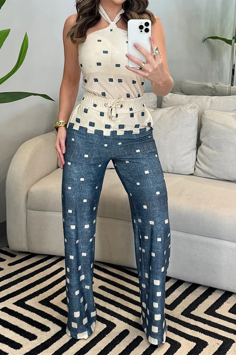 Conjunto informal de dos piezas con cuello halter, sin mangas y encaje a cuadros
