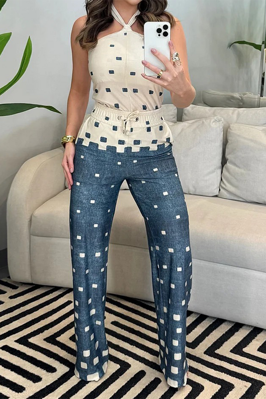 Conjunto informal de dos piezas con cuello halter, sin mangas y encaje a cuadros