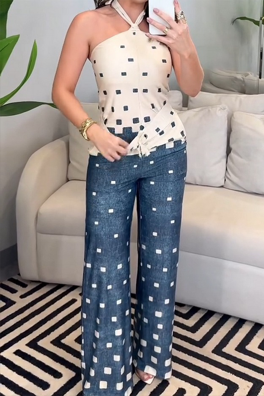 Conjunto informal de dos piezas con cuello halter, sin mangas y encaje a cuadros