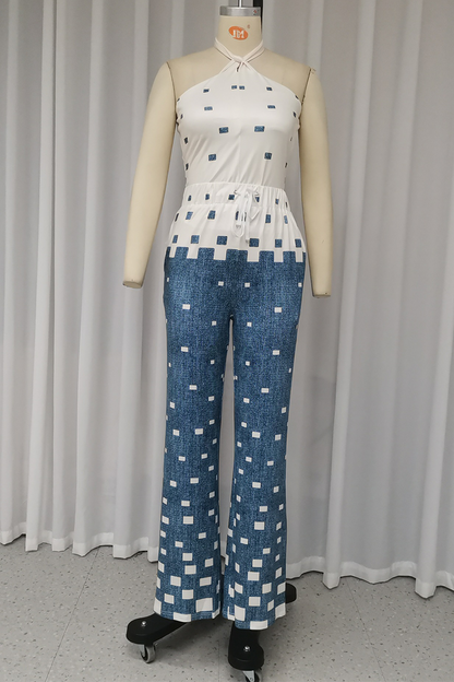 Conjunto informal de dos piezas con cuello halter, sin mangas y encaje a cuadros
