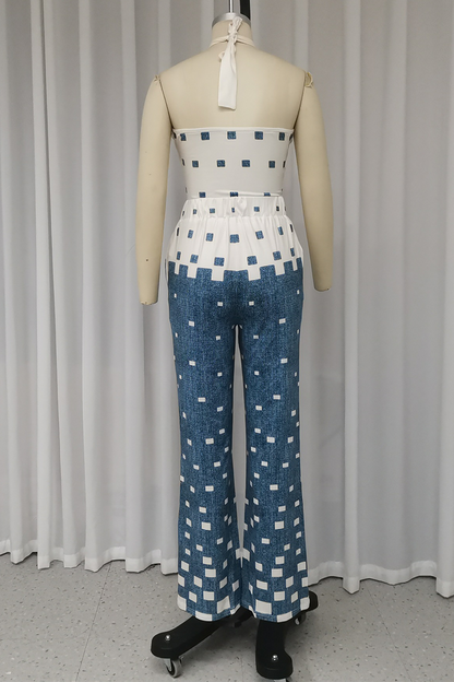 Conjunto informal de dos piezas con cuello halter, sin mangas y encaje a cuadros