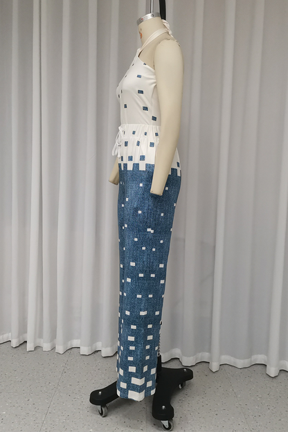 Conjunto informal de dos piezas con cuello halter, sin mangas y encaje a cuadros