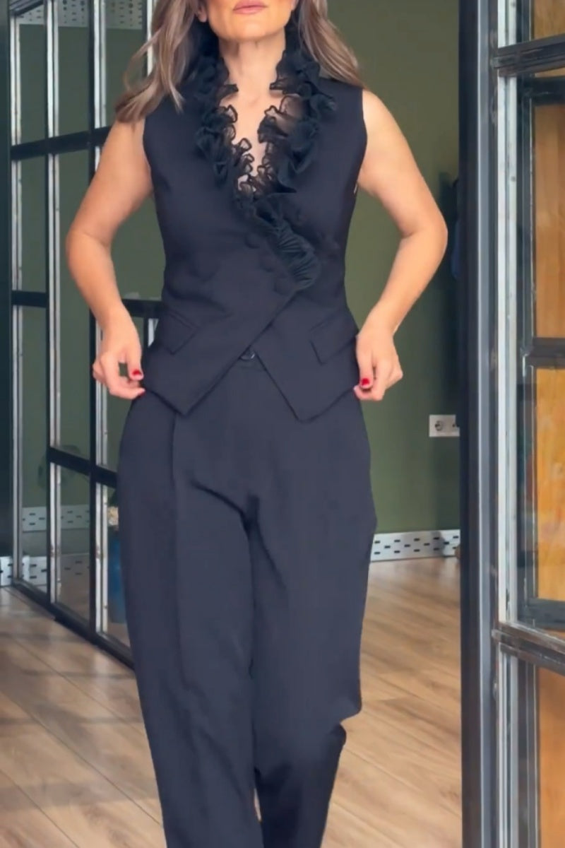Conjunto casual de dos piezas con botones, escote en V y sin mangas