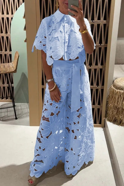 Casual Solid Color Hollow Out Buttons Turndown Collar Half Sleeve Two Pieces(5 Colors)