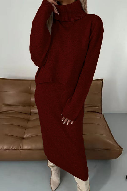Conjunto informal básico de cuello alto y manga larga de dos piezas (6 colores)